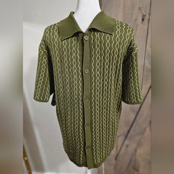 CONEY ISLAND PICNIC Knit Button-Down Short Sleeve Shirt. Olive Green.Size S NWT - Picture 5 of 12